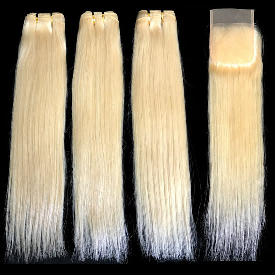Load image into Gallery viewer, 9A Malaysian Platinum Blonde  3 Bundle Set Straight Virgin Human Hair Extension w/ Lace Closure - eHair Outlet
