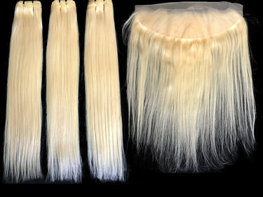 9A Malaysian Platinum Blonde  3 Bundle Set Straight Virgin Human Hair Extension w/ Lace Frontal - eHair Outlet