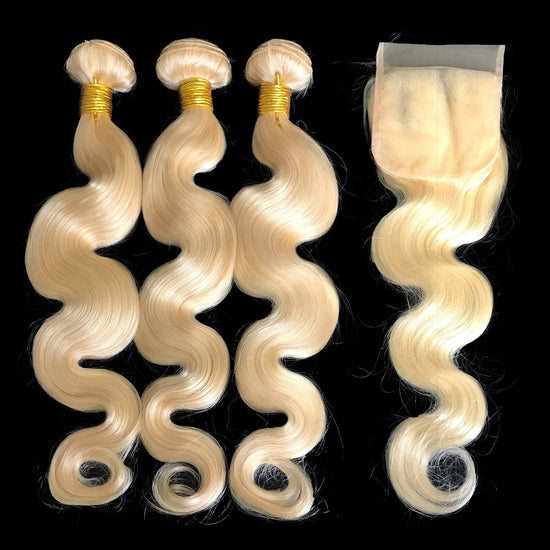 9A Malaysian Platinum Blonde  3 Bundle Set Body Wave Virgin Human Hair Extension w/ Lace Closure