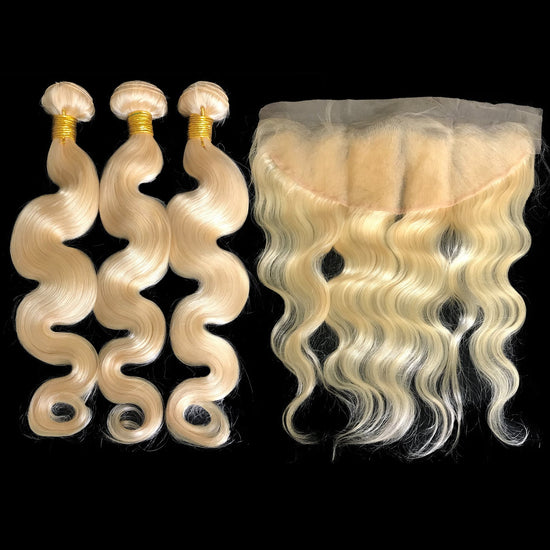 Cargar imagen en el visor de la galería, 9A Malaysian Platinum Blonde  3 Bundle Set Body Wave Virgin Human Hair Extension w/ Lace Frontal - eHair Outlet
