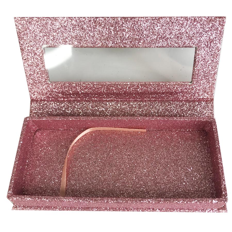 Caja de regalo de caja de pestañas vacía de color rosa claro con purpurina, ventana completa/pequeña y grande