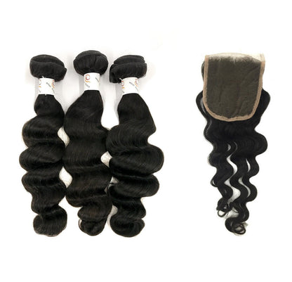 7A Thailand 3 Bundle Set Loose Wave w/ 4&quot;X4&quot; Lace Closure